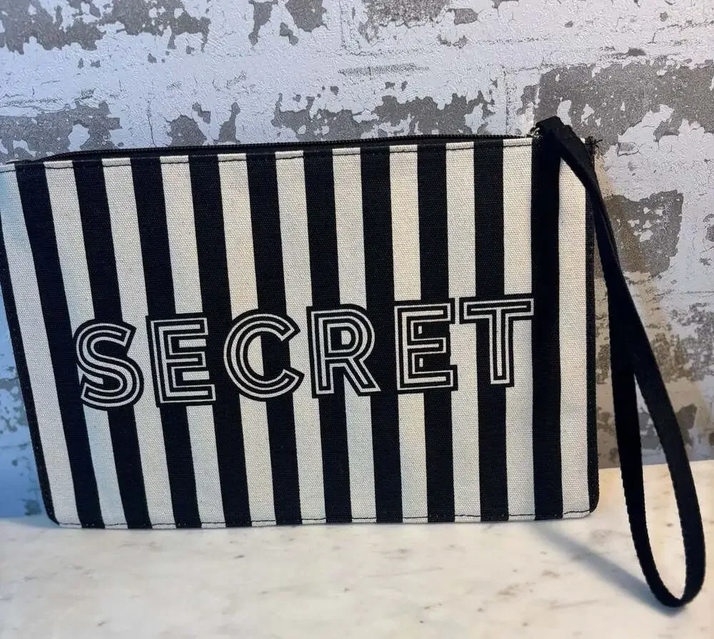 Victoria's Secret Black and White Striped Canvas Wristlet Makeup Bag